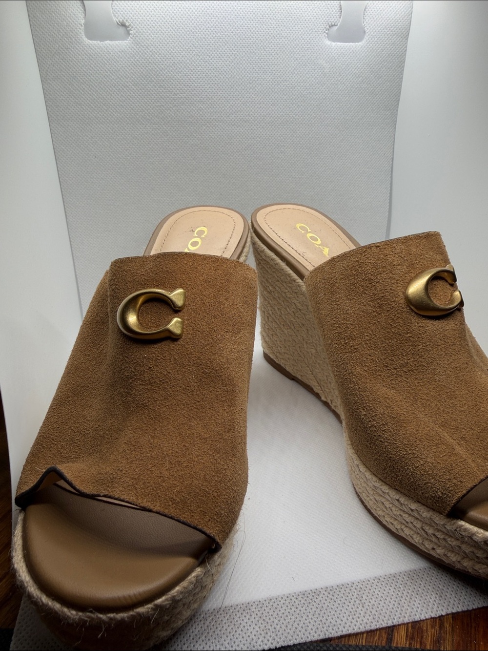 Coach Brown Suede Espadrille Wedge Mule with Gold 'C' Accent